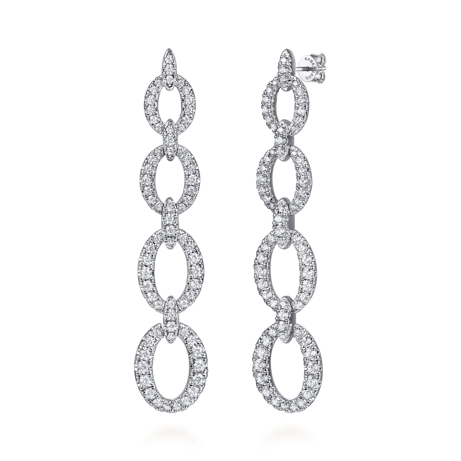 14K White Gold Graduating Diamond Link Stud Drop Earrings - 1.5 ct - Shot 1