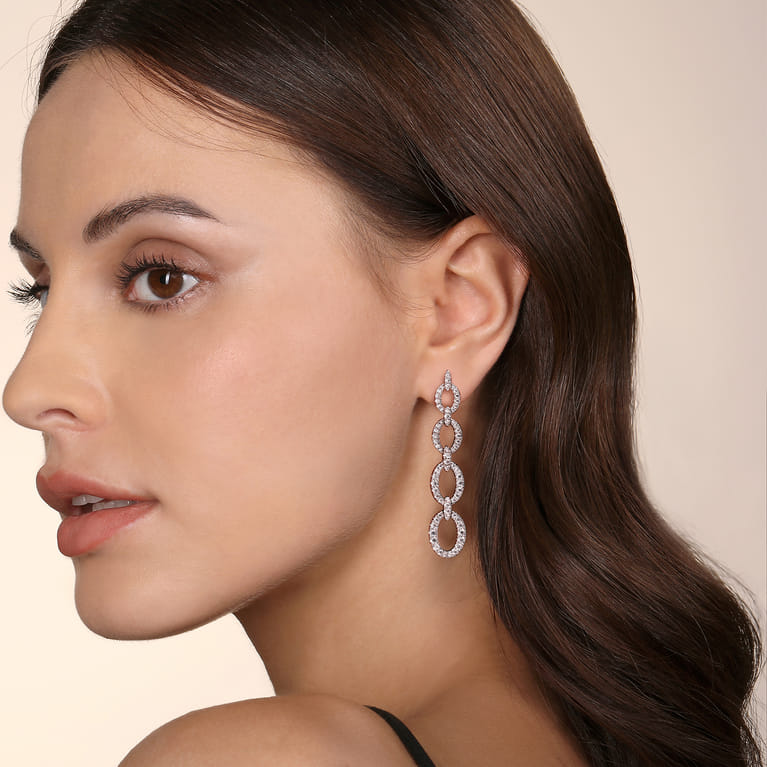 14K White Gold Graduating Diamond Link Stud Drop Earrings - 1.5 ct - Shot 2