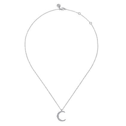 14K White Gold Graduating Diamond Moon Pendant Necklace