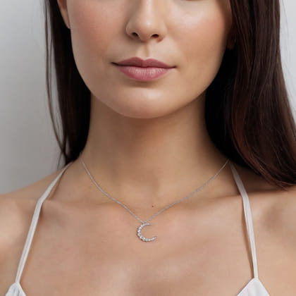 14K White Gold Graduating Diamond Moon Pendant Necklace