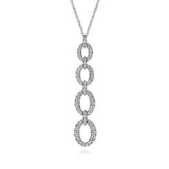 14K White Gold Graduating Diamond Oval Link Drop Pendant Necklace