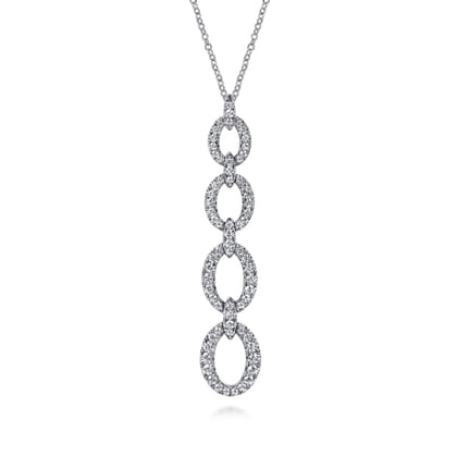 14K White Gold Graduating Diamond Oval Link Drop Pendant Necklace