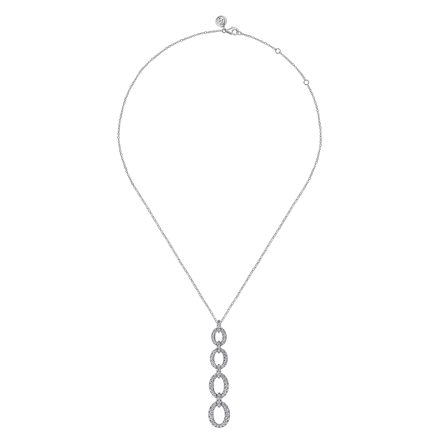 14K White Gold Graduating Diamond Oval Link Drop Pendant Necklace
