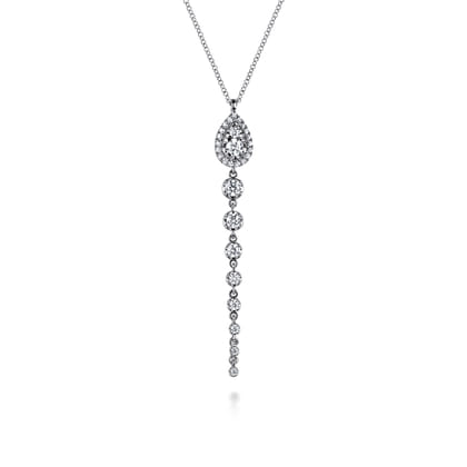 14K White Gold Graduating Diamond Pendant Drop Necklace