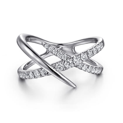 14K White Gold Graduating Diamond Spike Criss Cross Ring
