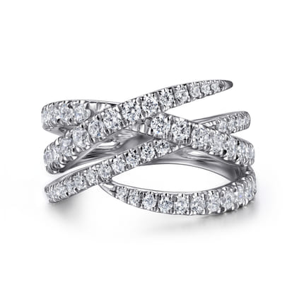 14K White Gold Graduating Diamond Spike Criss Cross Ring
