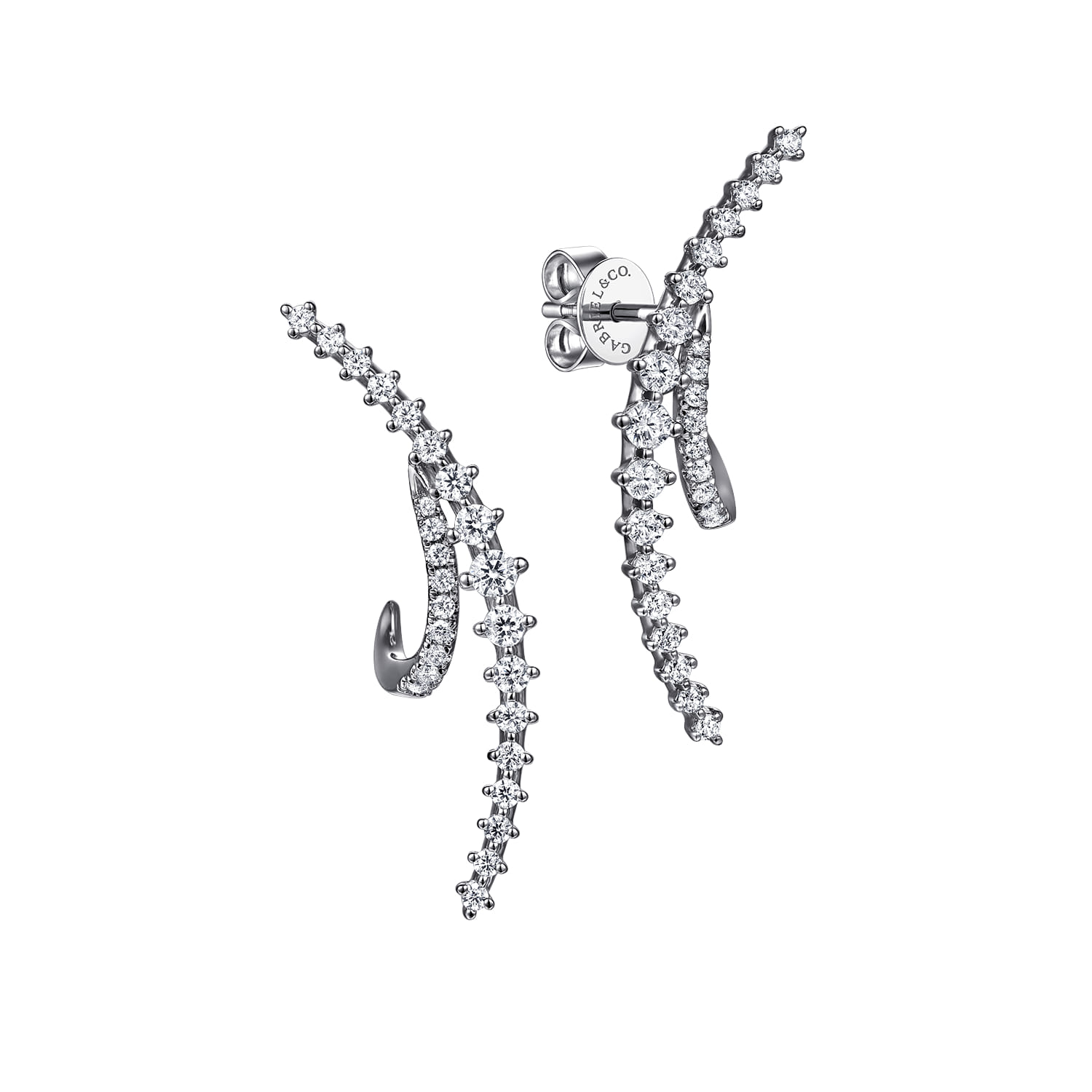 14K White Gold Graduating Diamond Spike J Hoop Stud Earrings - 0.75 ct - Shot 1