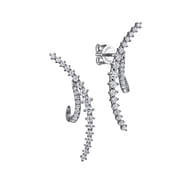 14K White Gold Graduating Diamond Spike J Hoop Stud Earrings
