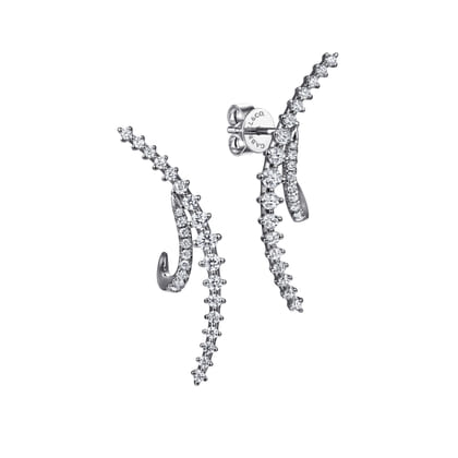 14K White Gold Graduating Diamond Spike J Hoop Stud Earrings