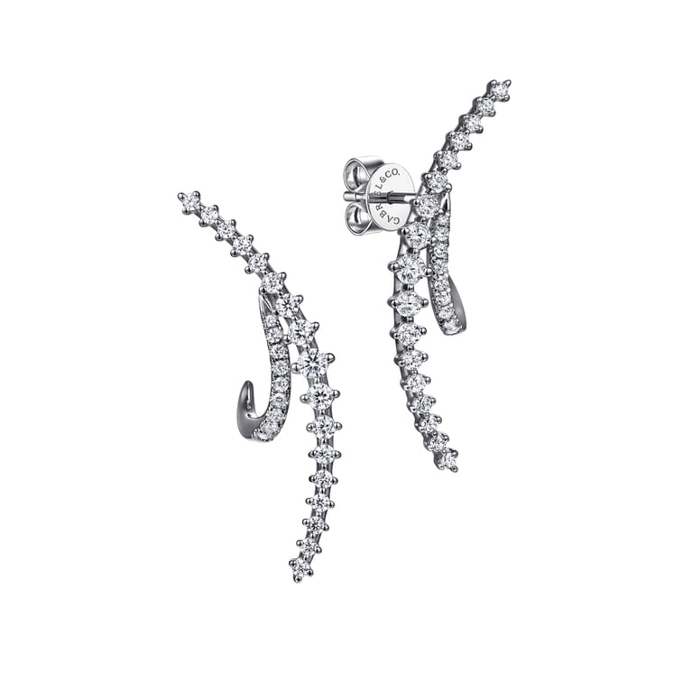 14K White Gold Graduating Diamond Spike J Hoop Stud Earrings - 0.75 ct - Shot 1