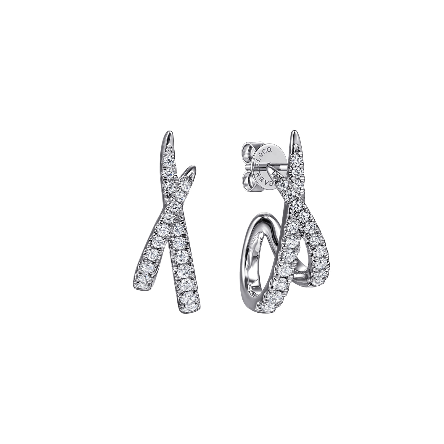 14K White Gold Graduating Diamond Spike J Hoop Stud Earrings - 0.4 ct - Shot 1