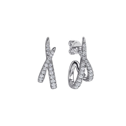 14K White Gold Graduating Diamond Spike J Hoop Stud Earrings