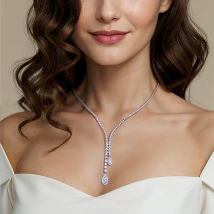 14K White Gold Graduating Diamond Y Necklace