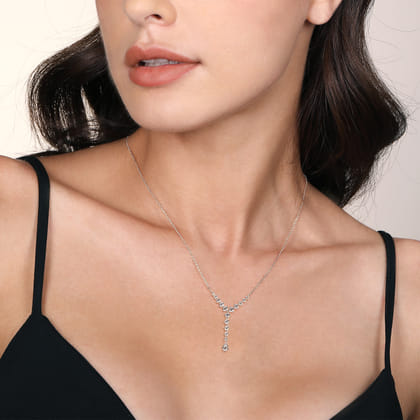14K White Gold Graduating Diamond Y Necklace