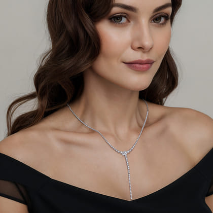 14K White Gold Graduating Diamond Y Necklace