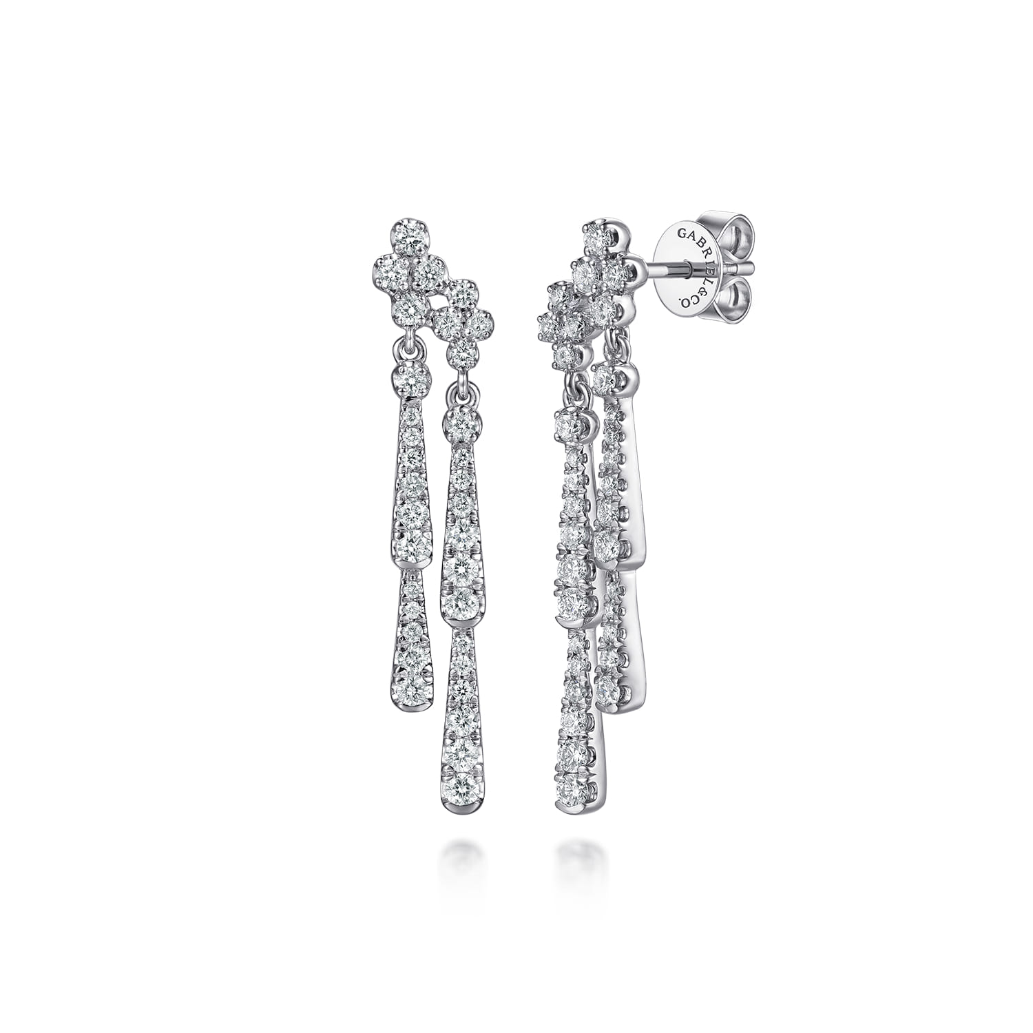 14K White Gold Graduating Diamond and Diamond Clover Stud Drop Earrings - 0.85 ct - Shot 1
