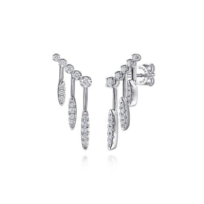 14K White Gold Graduating Diamond and Illusion Marquise Ear Climber Chandelier Earrings
