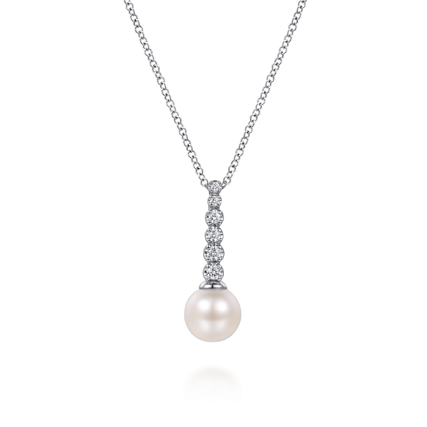 14K White Gold Graduating Diamond and Pearl Bar Necklace - 0.12 ct - Shot 1