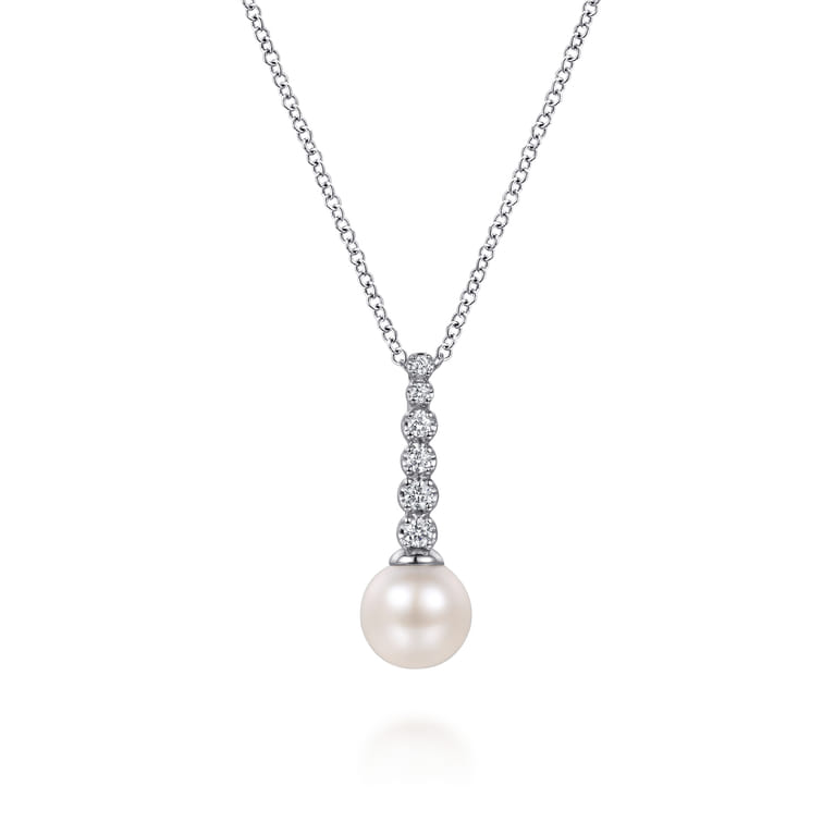 14K White Gold Graduating Diamond and Pearl Bar Necklace - 0.12 ct - Shot 1