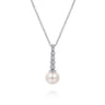 14K White Gold Graduating Diamond and Pearl Bar Necklace - 0.12 ct