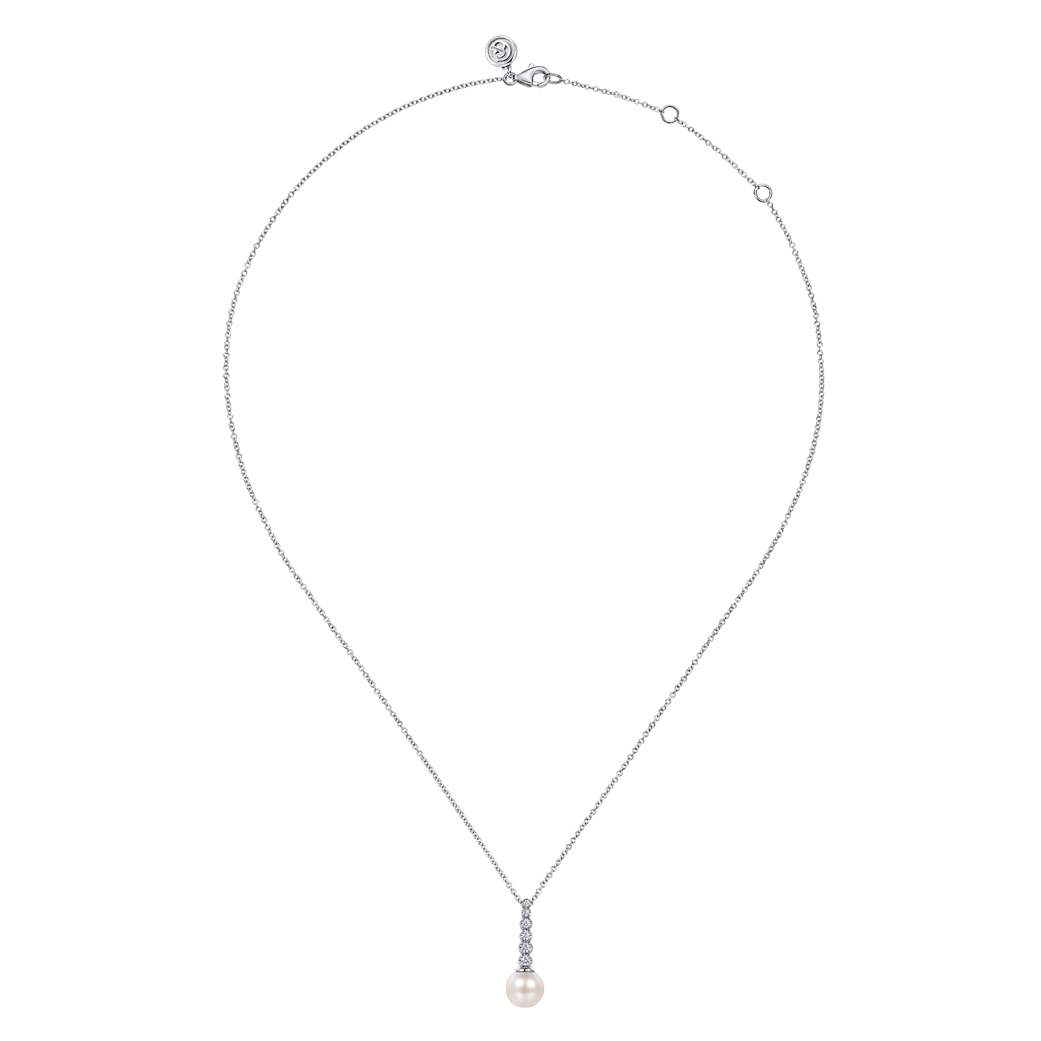 14K White Gold Graduating Diamond and Pearl Bar Necklace - 0.12 ct - Shot 2