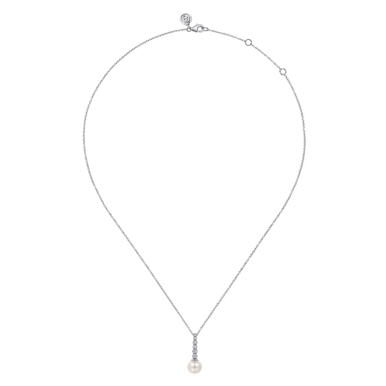 14K White Gold Graduating Diamond and Pearl Bar Necklace - 0.12 ct - Shot 2