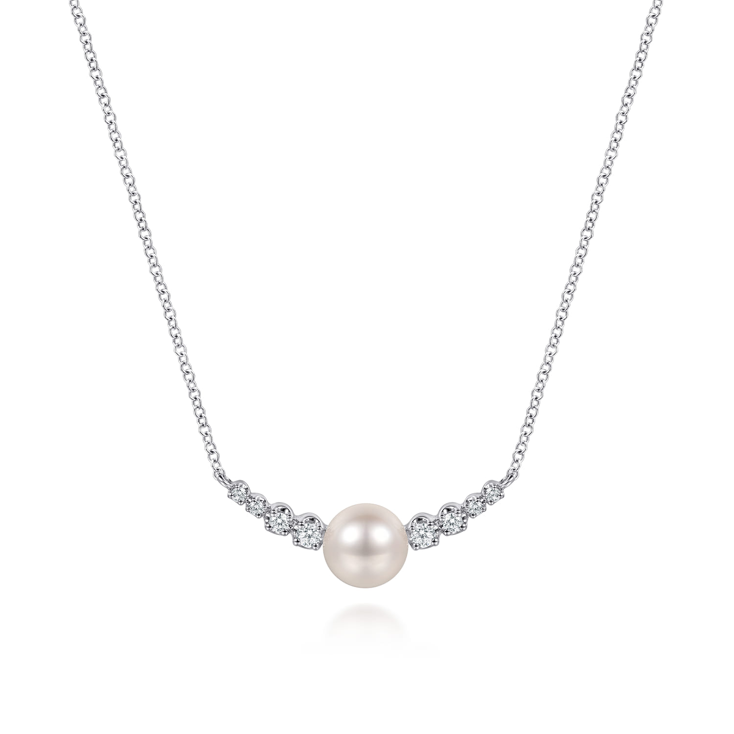 14K White Gold Graduating Diamond and Pearl Bar Necklace - 0.17 ct - Shot 1