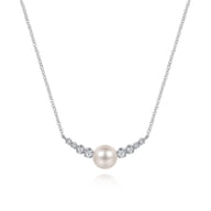 14K White Gold Graduating Diamond and Pearl Bar Necklace