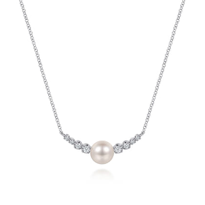 14K White Gold Graduating Diamond and Pearl Bar Necklace