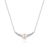 14K White Gold Graduating Diamond and Pearl Bar Necklace - 0.17 ct
