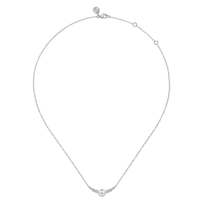 14K White Gold Graduating Diamond and Pearl Bar Necklace