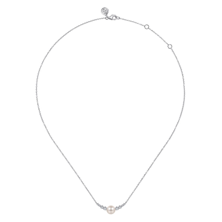 14K White Gold Graduating Diamond and Pearl Bar Necklace - 0.17 ct - Shot 2