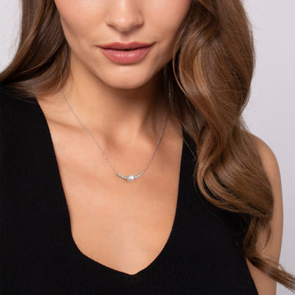 14K White Gold Graduating Diamond and Pearl Bar Necklace