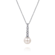 14K White Gold Graduating Diamond and Pearl Drop Necklace
