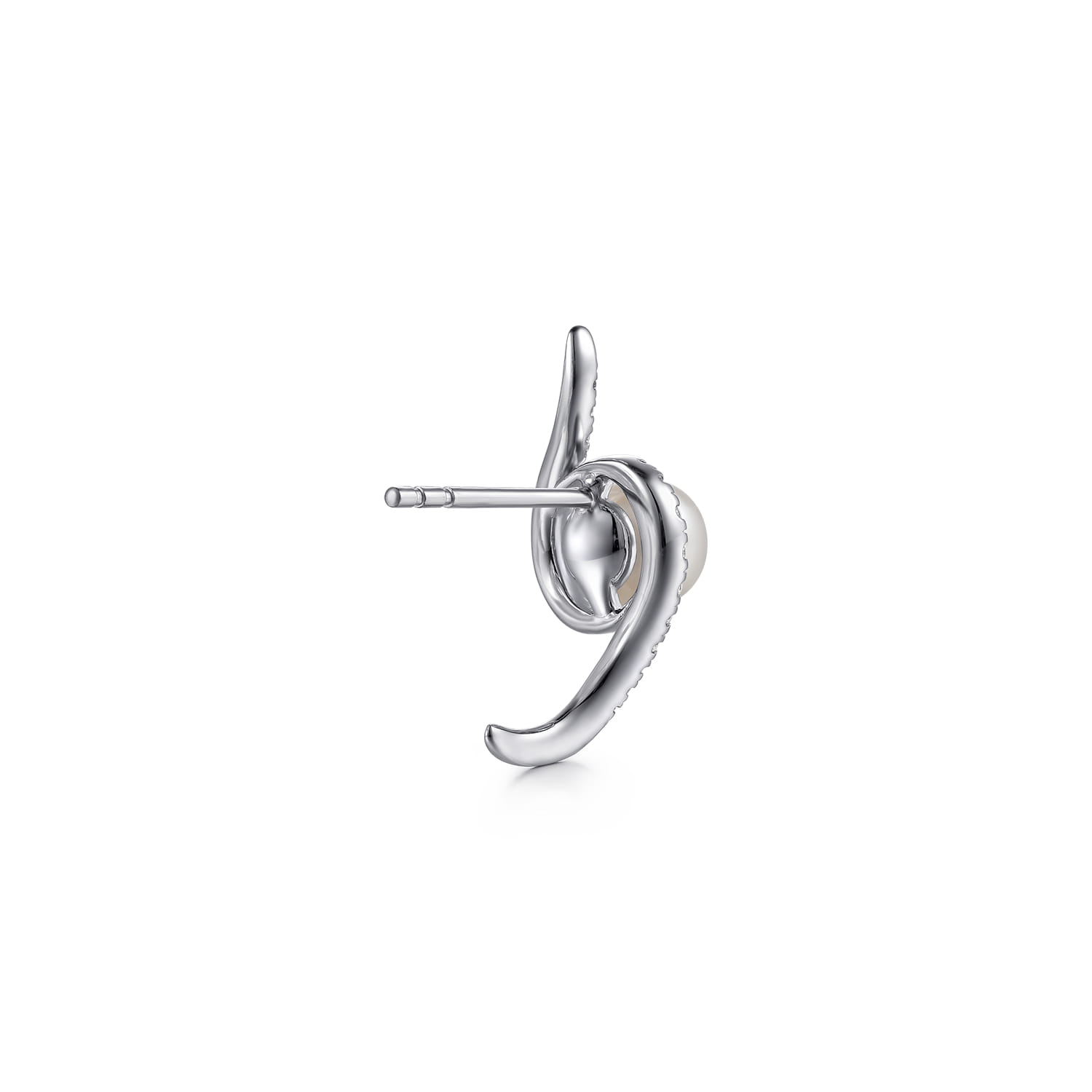 14K White Gold Graduating Diamond and Pearl Huggie Earrings - 0.3 ct - Shot 2
