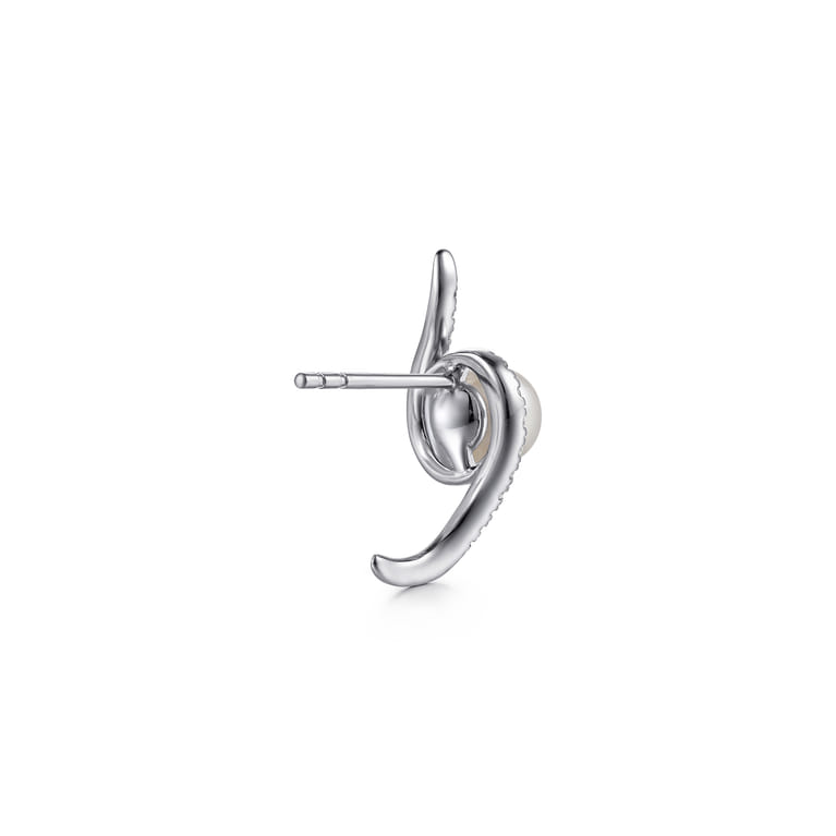 14K White Gold Graduating Diamond and Pearl Huggie Earrings - 0.3 ct - Shot 2