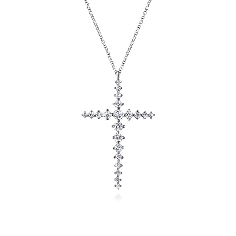 14K White Gold Graduating Diamonds Cross Necklace - 1 ct - Shot 1