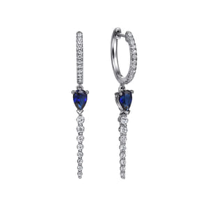 14K White Gold Graduating Diamonds and Blue Sapphire Huggie Drop Earrings