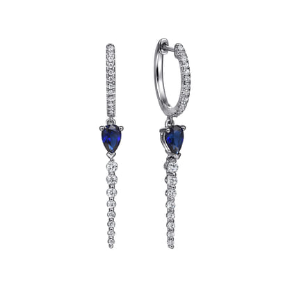14K White Gold Graduating Diamonds and Blue Sapphire Huggie Drop Earrings