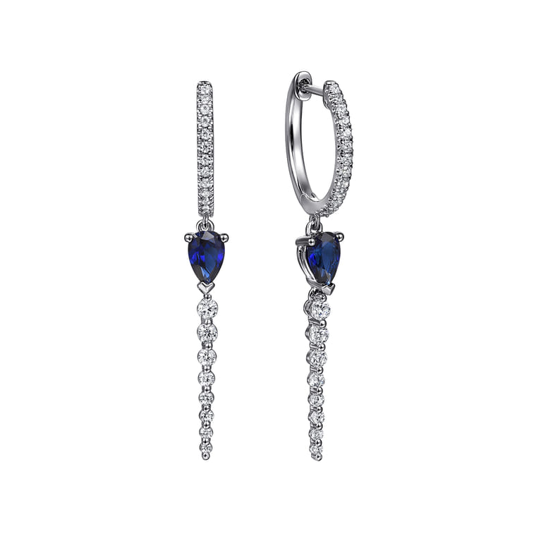 14K White Gold Graduating Diamonds and Blue Sapphire Huggie Drop Earrings - 0.55 ct - Shot 1
