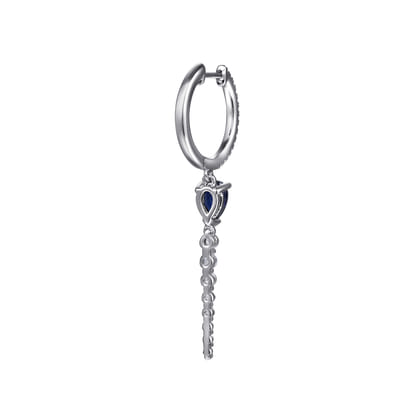 14K White Gold Graduating Diamonds and Blue Sapphire Huggie Drop Earrings