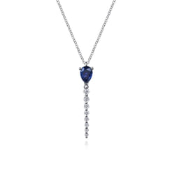 14K White Gold Graduating Diamonds and Blue Sapphire Pendant Drop Necklace