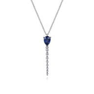 14K White Gold Graduating Diamonds and Blue Sapphire Pendant Drop Necklace