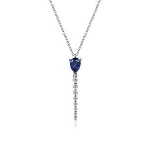 14K White Gold Graduating Diamonds and Blue Sapphire Pendant Drop Necklace