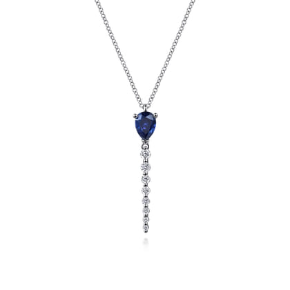 14K White Gold Graduating Diamonds and Blue Sapphire Pendant Drop Necklace