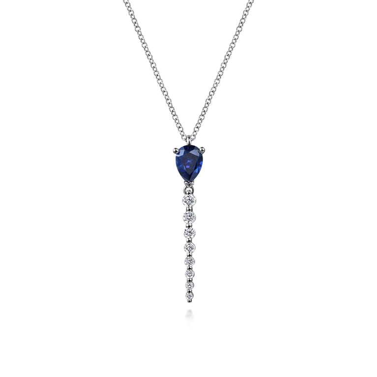 14K White Gold Graduating Diamonds and Blue Sapphire Pendant Drop Necklace - 0.25 ct - Shot 1