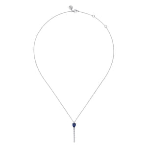 14K White Gold Graduating Diamonds and Blue Sapphire Pendant Drop Necklace