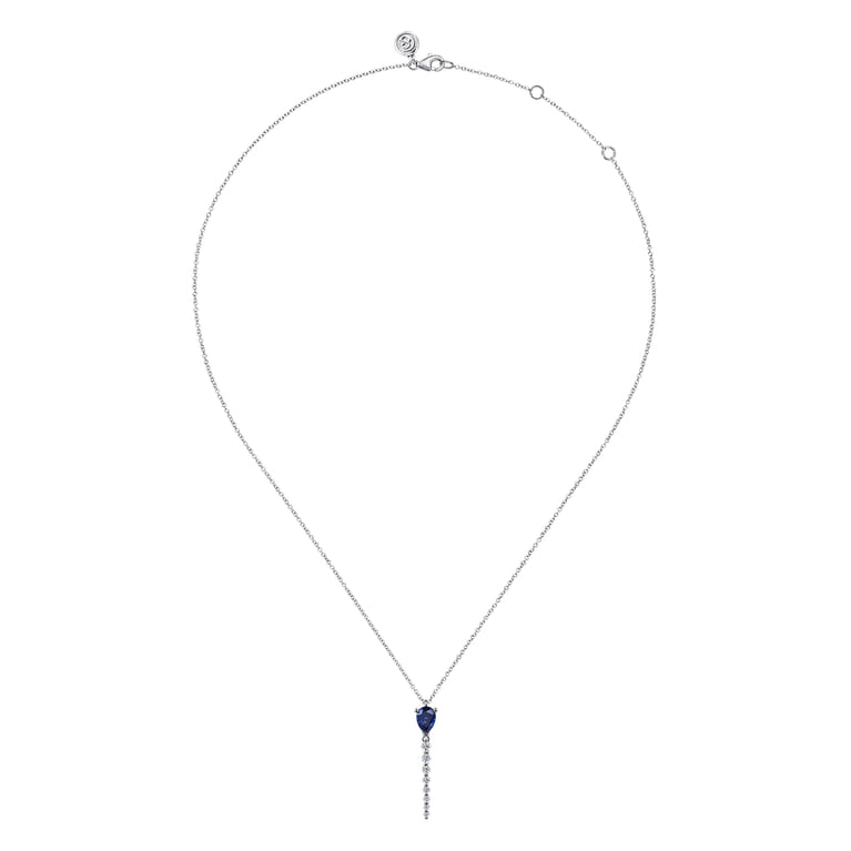 14K White Gold Graduating Diamonds and Blue Sapphire Pendant Drop Necklace - 0.25 ct - Shot 2
