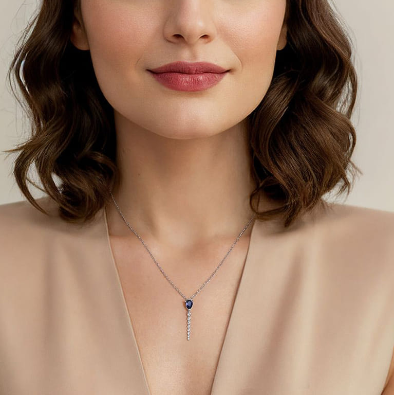 14K White Gold Graduating Diamonds and Blue Sapphire Pendant Drop Necklace - 0.25 ct - Shot 4