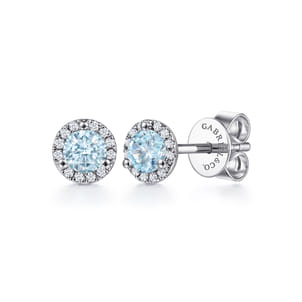 14K White Gold Halo Aquamarine and Diamond Stud Earrings